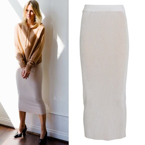 Anine Bing Julian Ribbed Knit Pencil Stretch Fitted Skirt in Ivory Cream - Picture 6 of 14